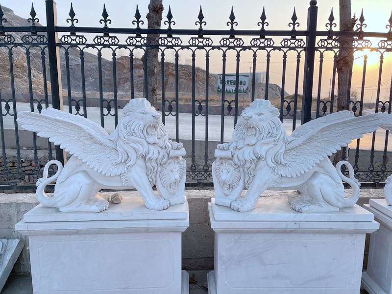 Winged Marble Lion Sculpture