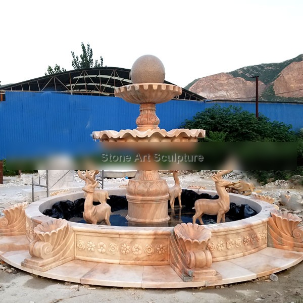 Backyard tiered rolling marble ball garden water fountain with stag statues MOKK-04