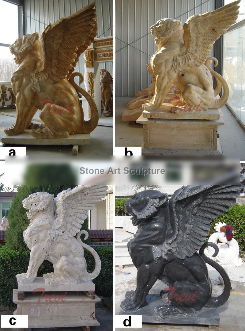 Black stone outdoor guardian lion gargoyle statues in front of house TMA-23 detail image