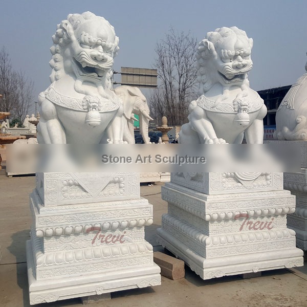 Carved stone lion guardians fu dog pair with base in front of house TMA-100
