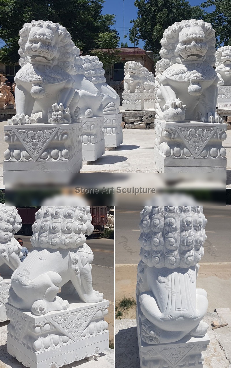 Carved stone lion guardians fu dog pair with base in front of house TMA-100 detail image
