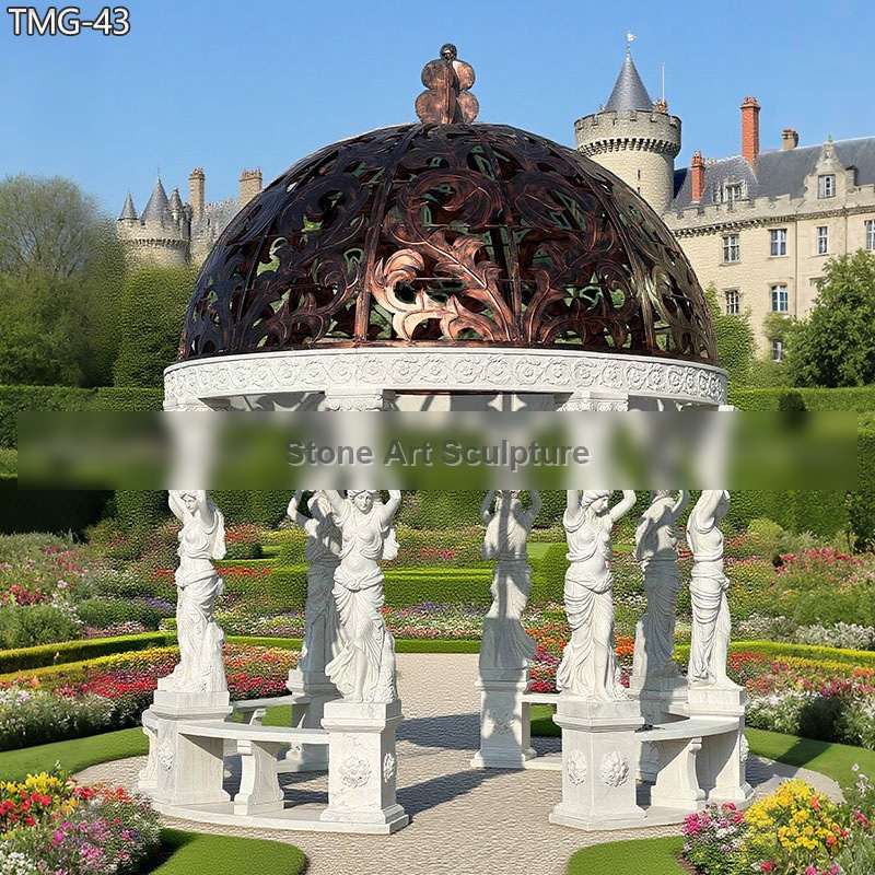European Round White Marble Gazebo with Lady Statue for Sale TMG-43