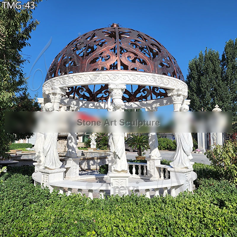 European Round White Marble Gazebo with Lady Statue for Sale TMG-43 detail image