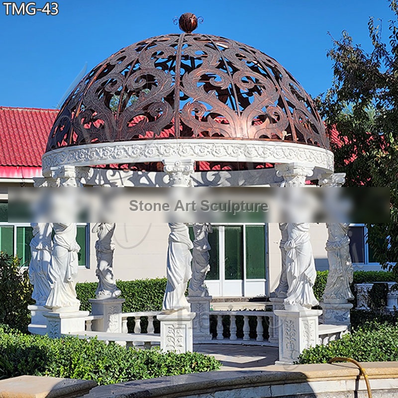 European Round White Marble Gazebo with Lady Statue for Sale TMG-43 detail image