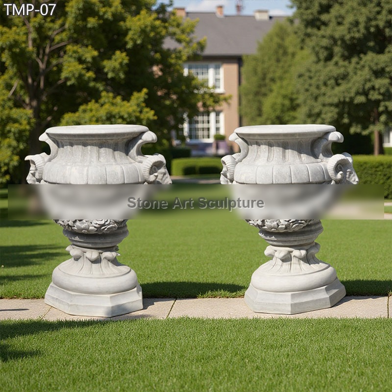 Large White Marble Planter with Goat Relief TMP-07