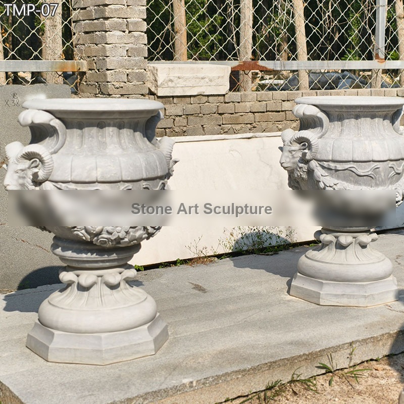 Large White Marble Planter with Goat Relief TMP-07 detail image