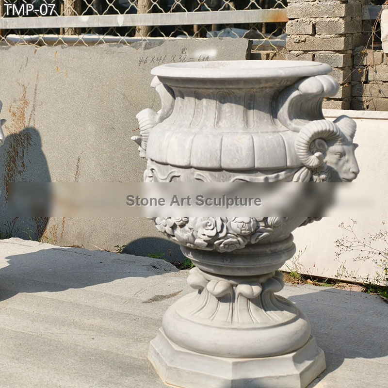 Large White Marble Planter with Goat Relief TMP-07 detail image