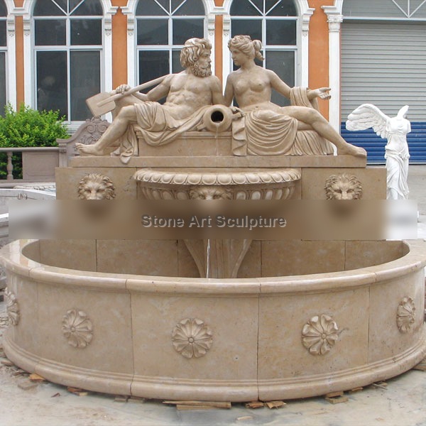 Lion head marble water wall fountain with nude man and woman statues outdoor garden MOKK-13