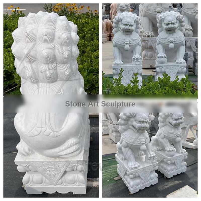 Marble Chinese Guardian Lion Statues for Front Porch for Sale MOK1-022 detail image
