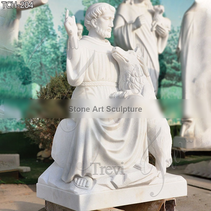 Marble Saint St. Francis of Assisi Statue with Wolf for Sale TCH-204 detail image