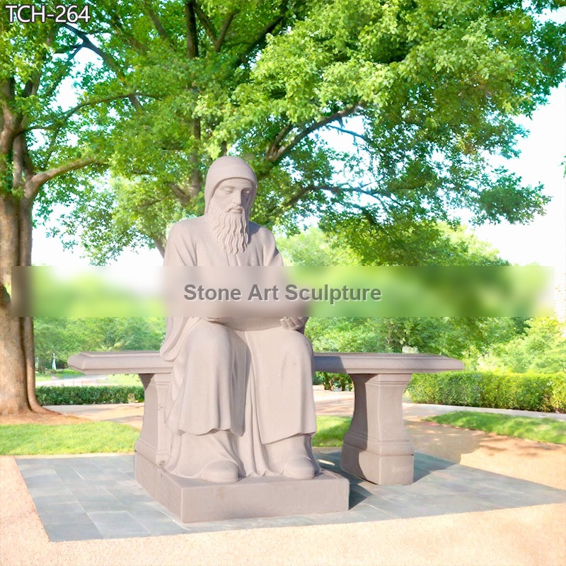 Marble St Charbel Statue Sitting on Bench for Garden TCH-246 detail image