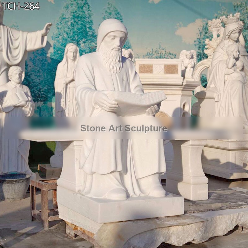 Marble St Charbel Statue Sitting on Bench for Garden TCH-246 detail image