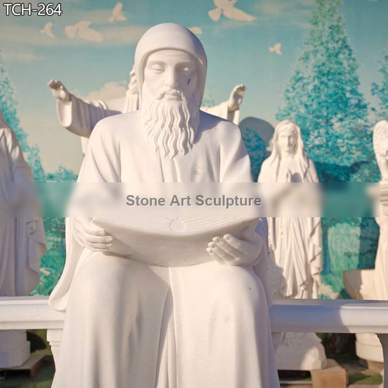Marble St Charbel Statue Sitting on Bench for Garden TCH-246 detail image