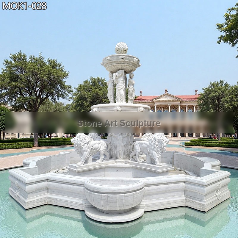 Large White Marble Lion Water Fountain Outdoor Decor for Sale MOK1-028 detail image