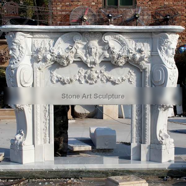 Hand Carved Exquisite Marble Fireplace Mantel with Figure Statue MOKK-106