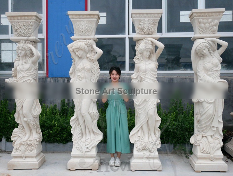 Natural Beige Marble Exterior House Pillars Carved Female Design MOKK-164 detail image