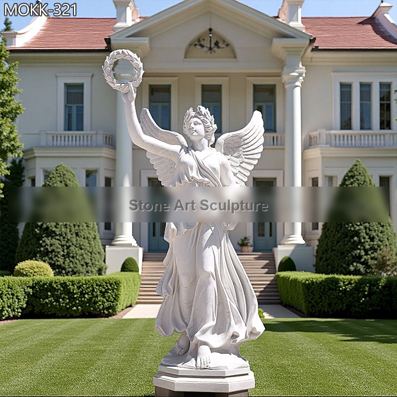 Outdoor White Marble Female Angel Statue Holding Wreath MOKK-321 detail image