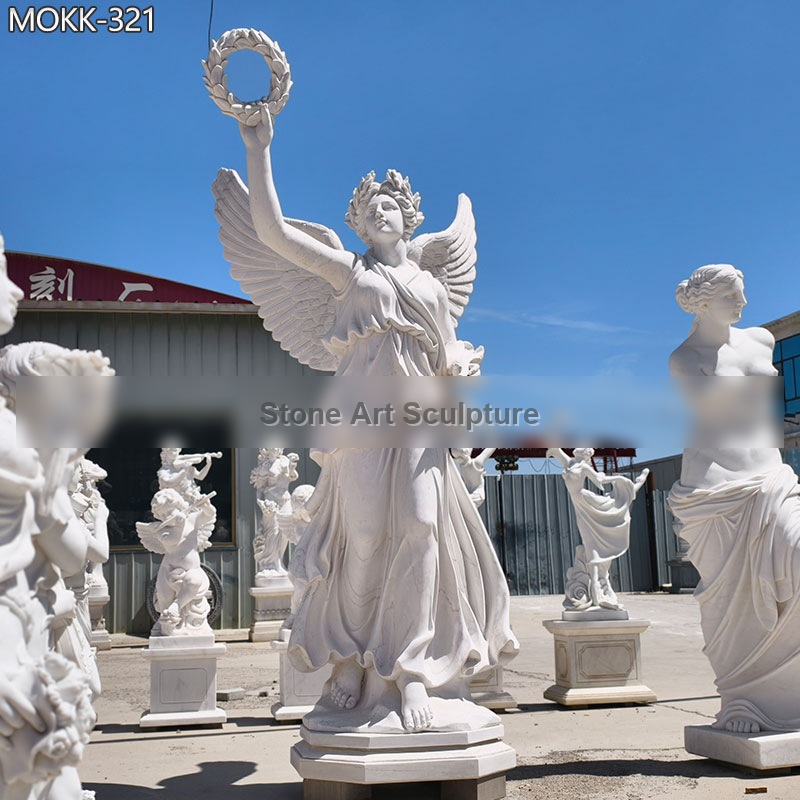 Outdoor White Marble Female Angel Statue Holding Wreath MOKK-321 detail image