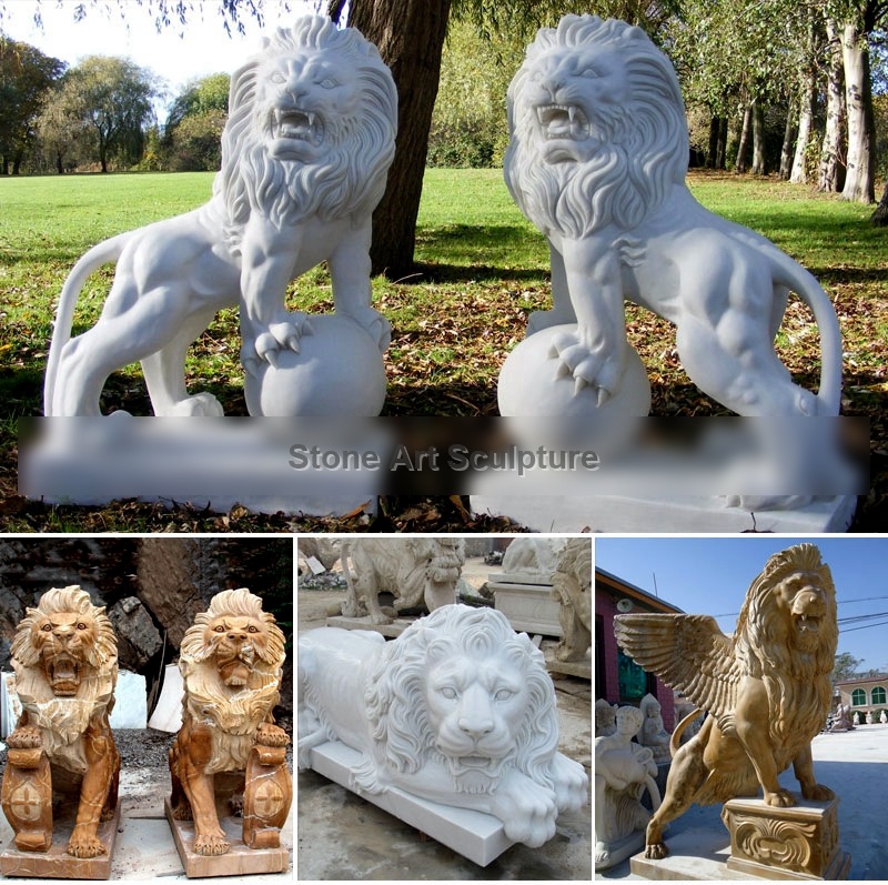 Outdoor Hand Carved Marble Lion Statues for Front Porch for Sale Mokk-326 detail image