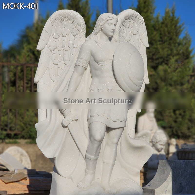White Marble St Michael the Archangel Garden Statue detail image