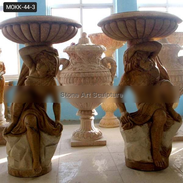 Unique Outdoor Carved Figures Beige Marble Flower Pots for sale MOKK-44-3