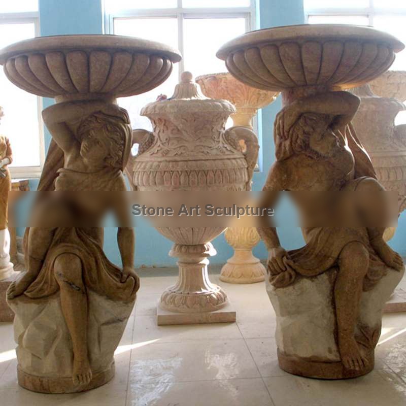 Unique Outdoor Carved Figures Beige Marble Flower Pots for sale MOKK-44-3 detail image