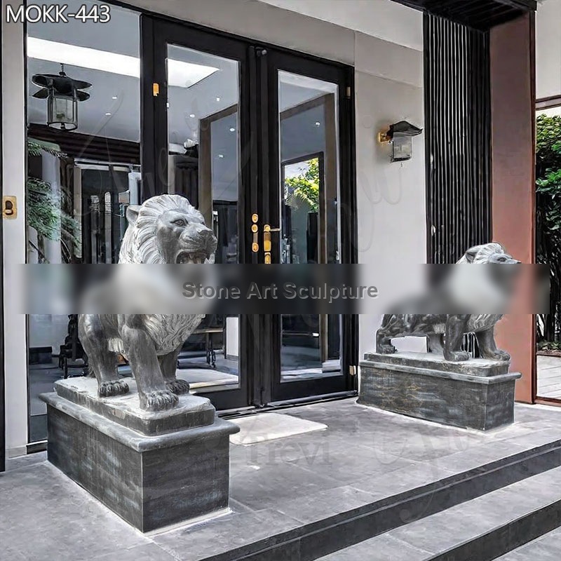 Pair of Standing Black Lion Statues In Front of House for Sale MOKK-443 detail image
