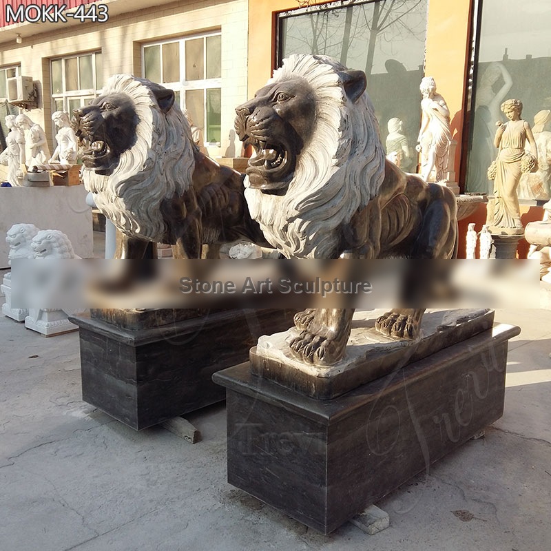 Pair of Standing Black Lion Statues In Front of House for Sale MOKK-443 detail image