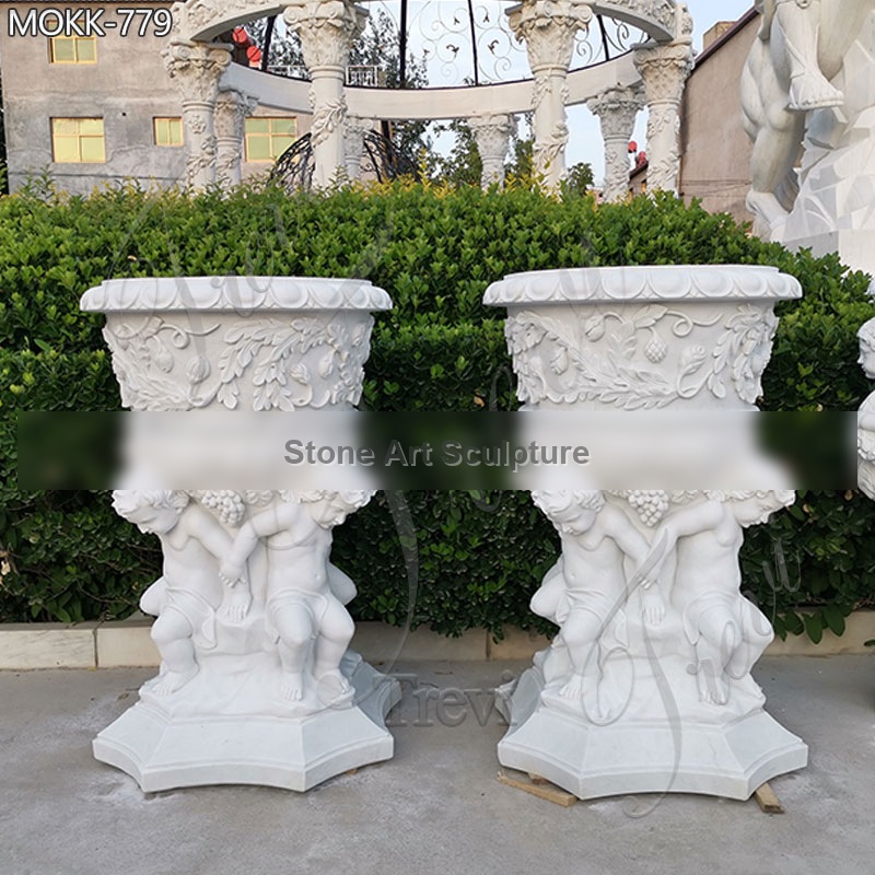 Hand Carved White Marble Planters with Baby Angel Staute for Sale MOKK-47-1 detail image