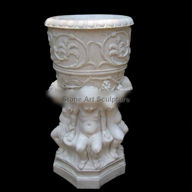 Hand Carved White Marble Flower Pot with Child Satue for Sale MOKK-48-1 detail image