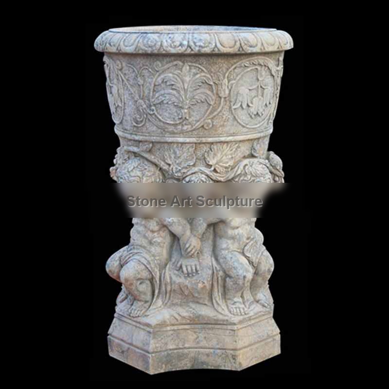 Hand Carved White Marble Flower Pot with Child Satue for Sale MOKK-48-1 detail image