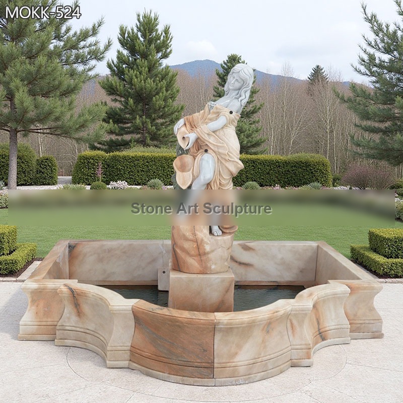 Marble Beige Fountain with Female Statue Holding Pot detail image