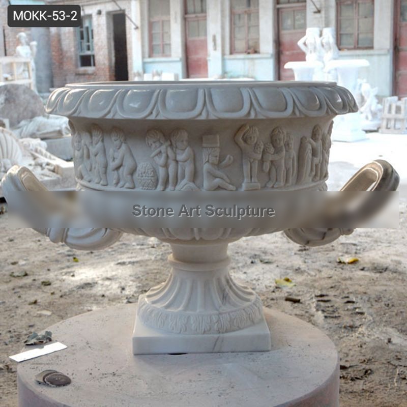 Hand Carved White Marble Plant Pot with Big Basin for Sale MOKK-53-2