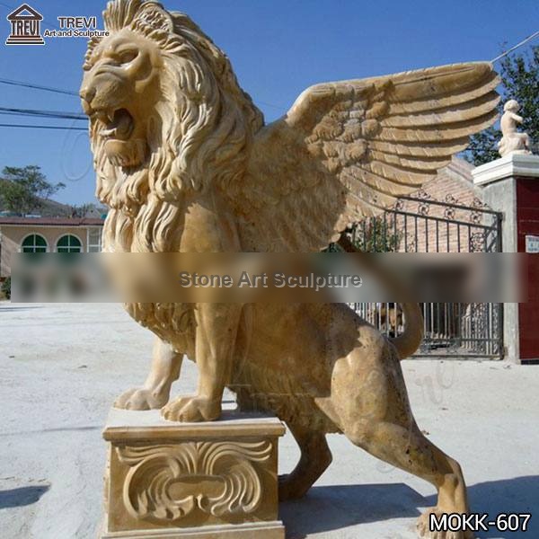 Western Beige Marble Standing Winged Lion Sculpture for Sale MOKK-607