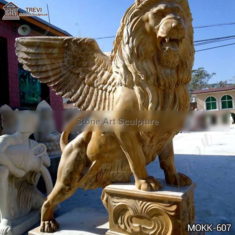 Western Beige Marble Standing Winged Lion Sculpture for Sale MOKK-607 detail image