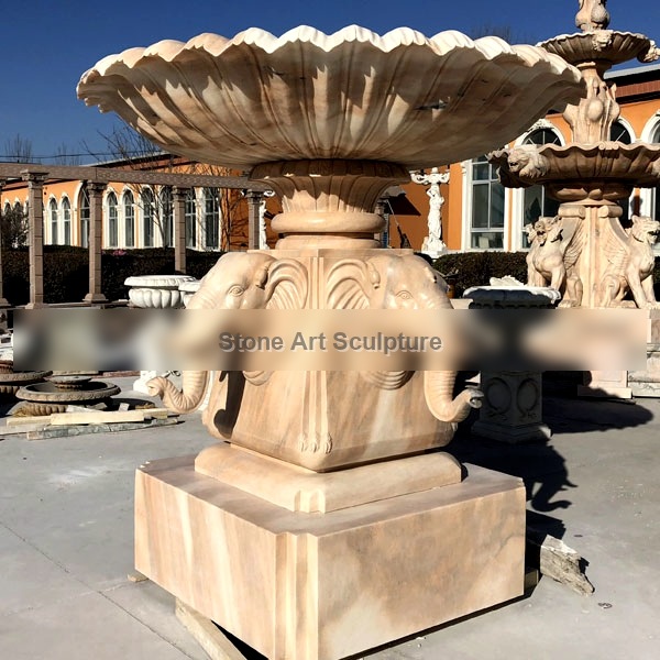 Custom Made Beige Marble Water Fountain Hand Carved with Elephant Statues for Sale MOKK-61