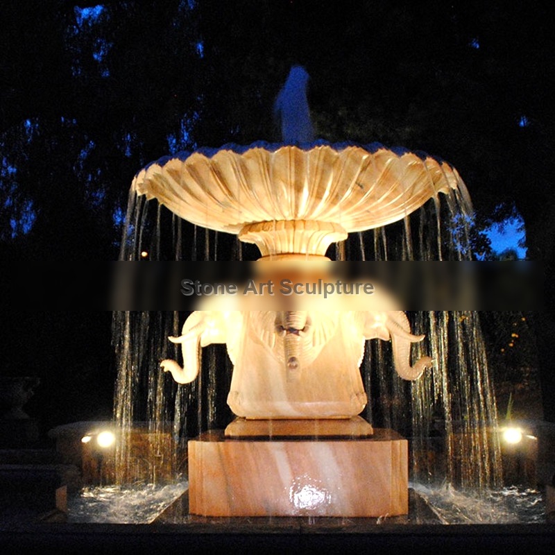Custom Made Beige Marble Water Fountain Hand Carved with Elephant Statues for Sale MOKK-61 detail image