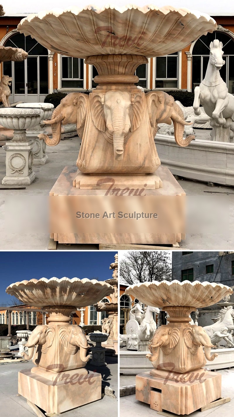 Custom Made Beige Marble Water Fountain Hand Carved with Elephant Statues for Sale MOKK-61 detail image