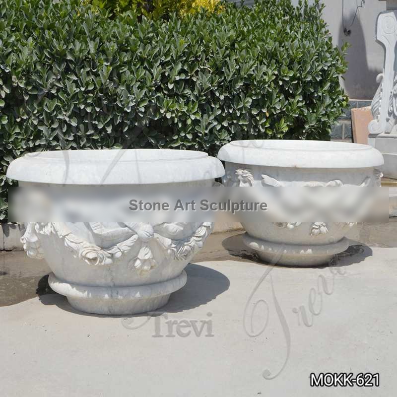 White Marble Plant Pots with Round Basin for Sale MOKK-621