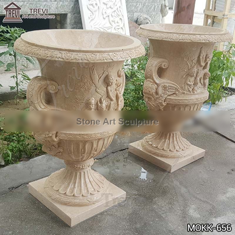 Hand Carved Exquisite Beige Marble Flower Pot Manufacturers MOKK-656