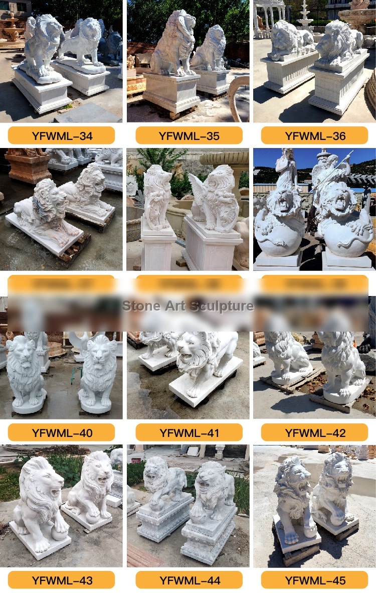Marble Sitting Lion Statue with Paw on Ball for Sale MOKK-708 detail image