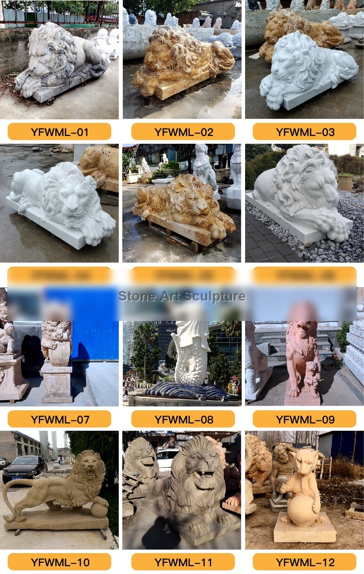 Marble Sitting Lion Statue with Paw on Ball for Sale MOKK-708 detail image