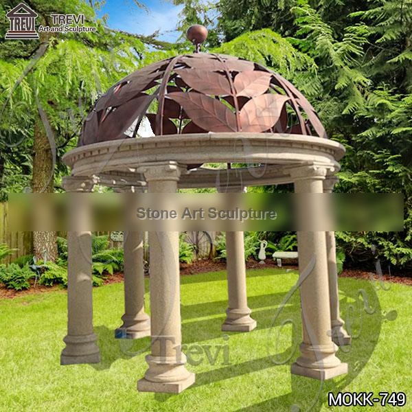 Ornate Outdoor Beige Marble Gazebo Garden Decoration Factory MOKK-749
