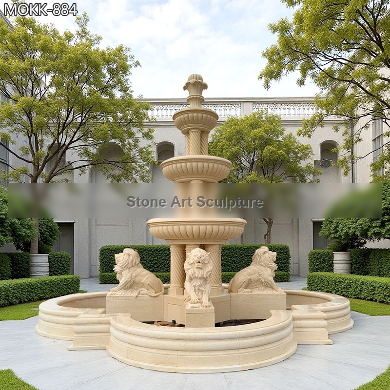 Large Beige Marble Lion Pool Fountain for Sale MOKK-884