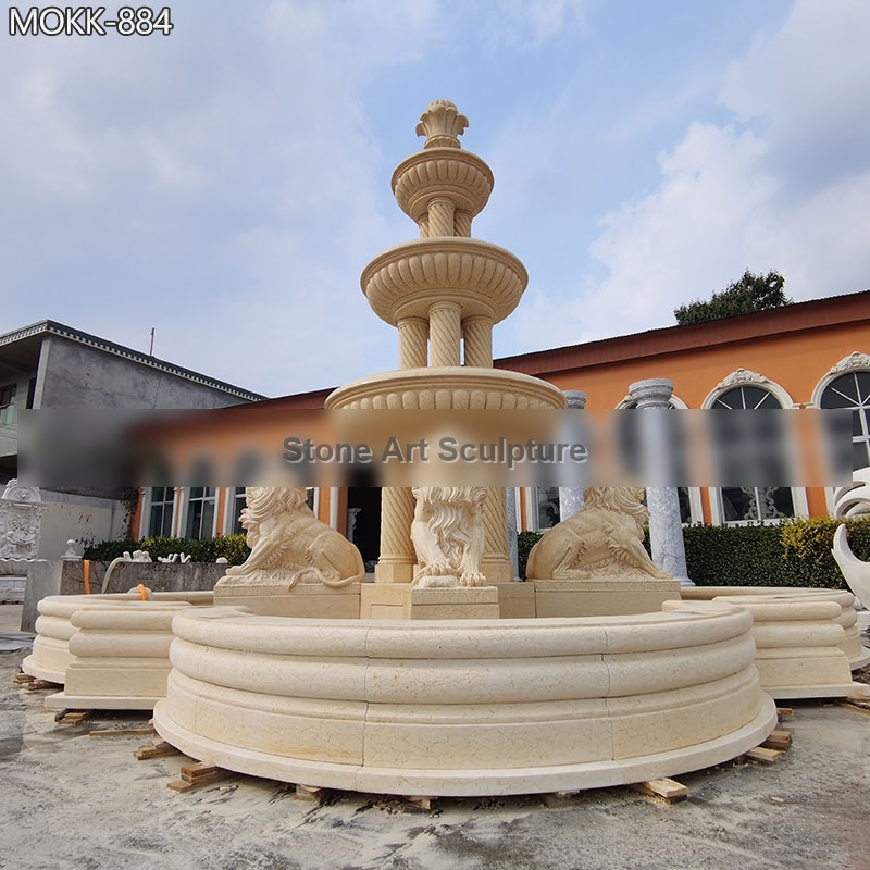 Large Beige Marble Lion Pool Fountain for Sale MOKK-884 detail image
