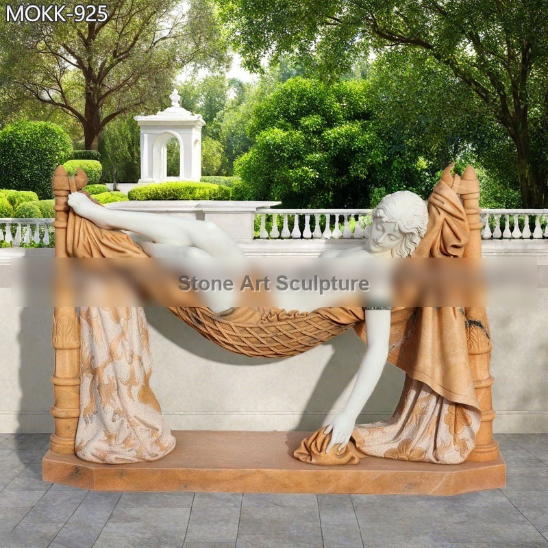 Life Size Marble Sleeping Beauty Statue Lying in Hammock detail image