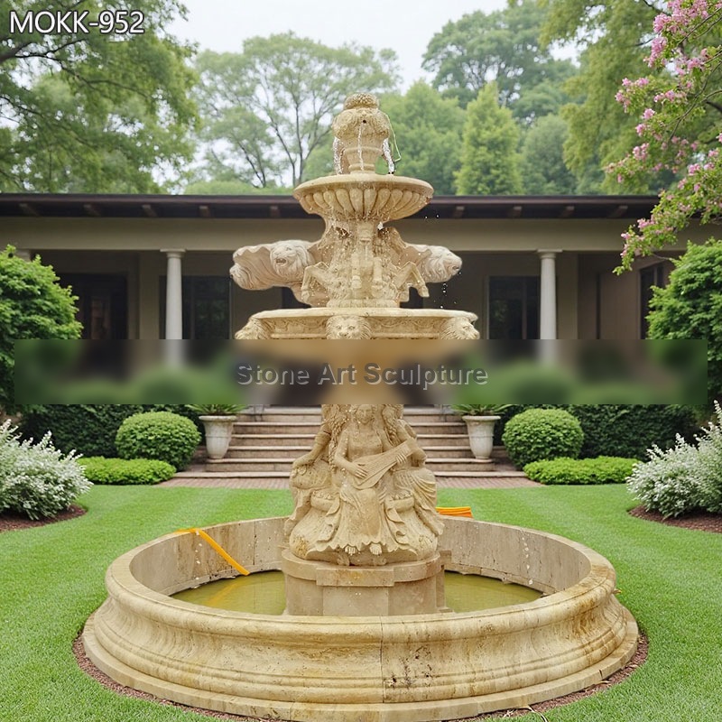 Tan Color Stone Marble Water Fountain Lady with Horse and Lion Head MOKK-952 detail image