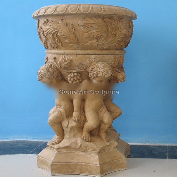 Outdoor garden decor beige marble flower urns pot with angel statues for sale TMP-09