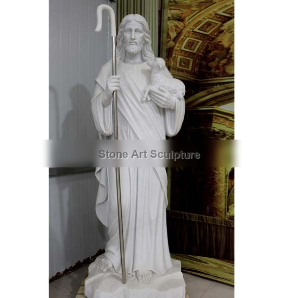 Outdoor Religious Garden Statues of Good Shepherd Jesus Hold Lamb Designs for Sale TCH-201