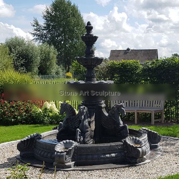 Outdoor Water Horse Statues Fountains Black Marble Art MOKK-05
